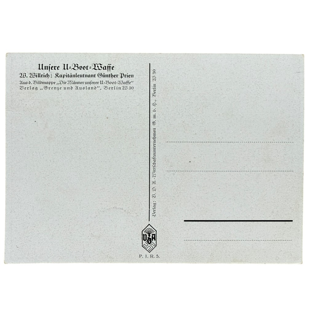 Rückseite einer originalen Postkarte „Unsere U-Boot-Waffe“ – Kapitänleutnant Günther Prien, Verlag „Grenze und Ausland“, Berlin, seltenes Sammlerstück aus dem Zweiten Weltkrieg.