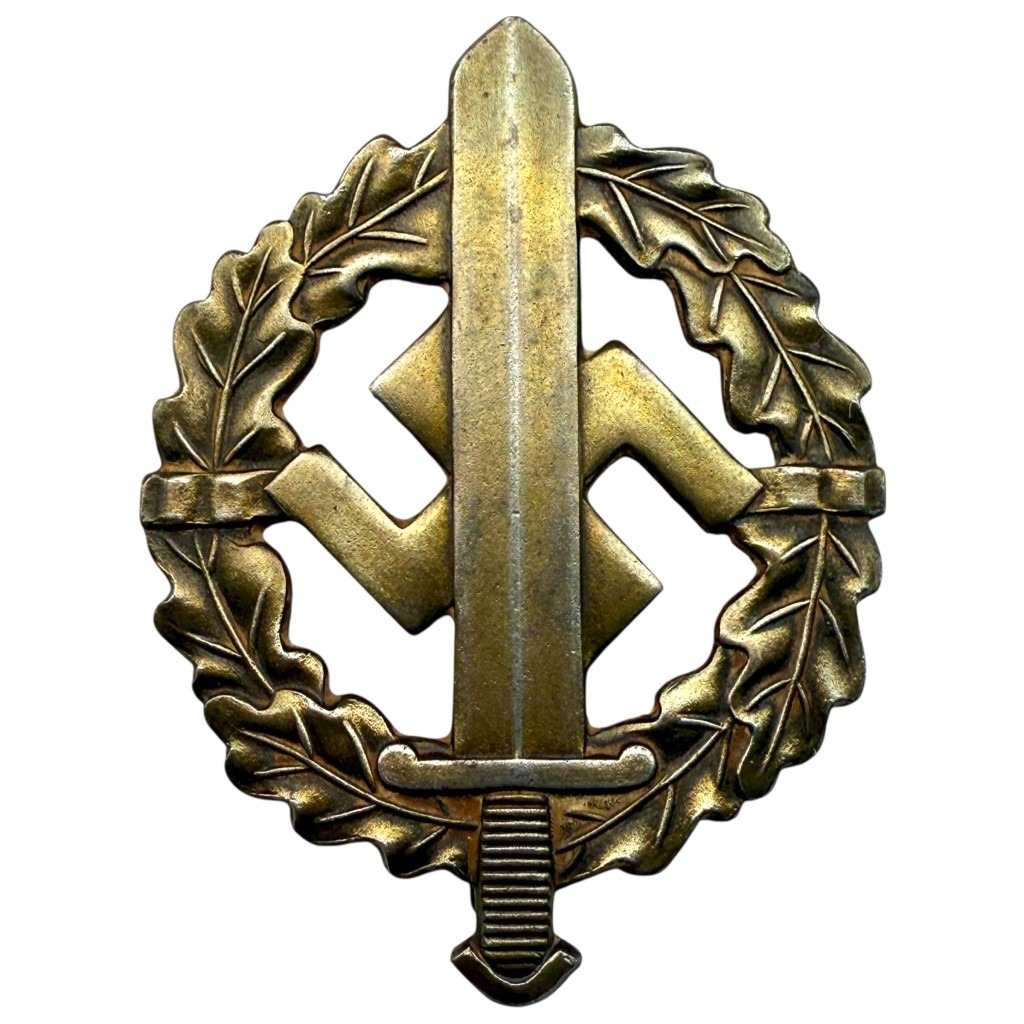 Original German SA Sports Badge in bronze, 1930-1945 sports award with oak leaf wreath and sword, manufactured by E. Schneider Lüdenscheid – rare militaria decoration for medal collectors and WWII enthusiasts.