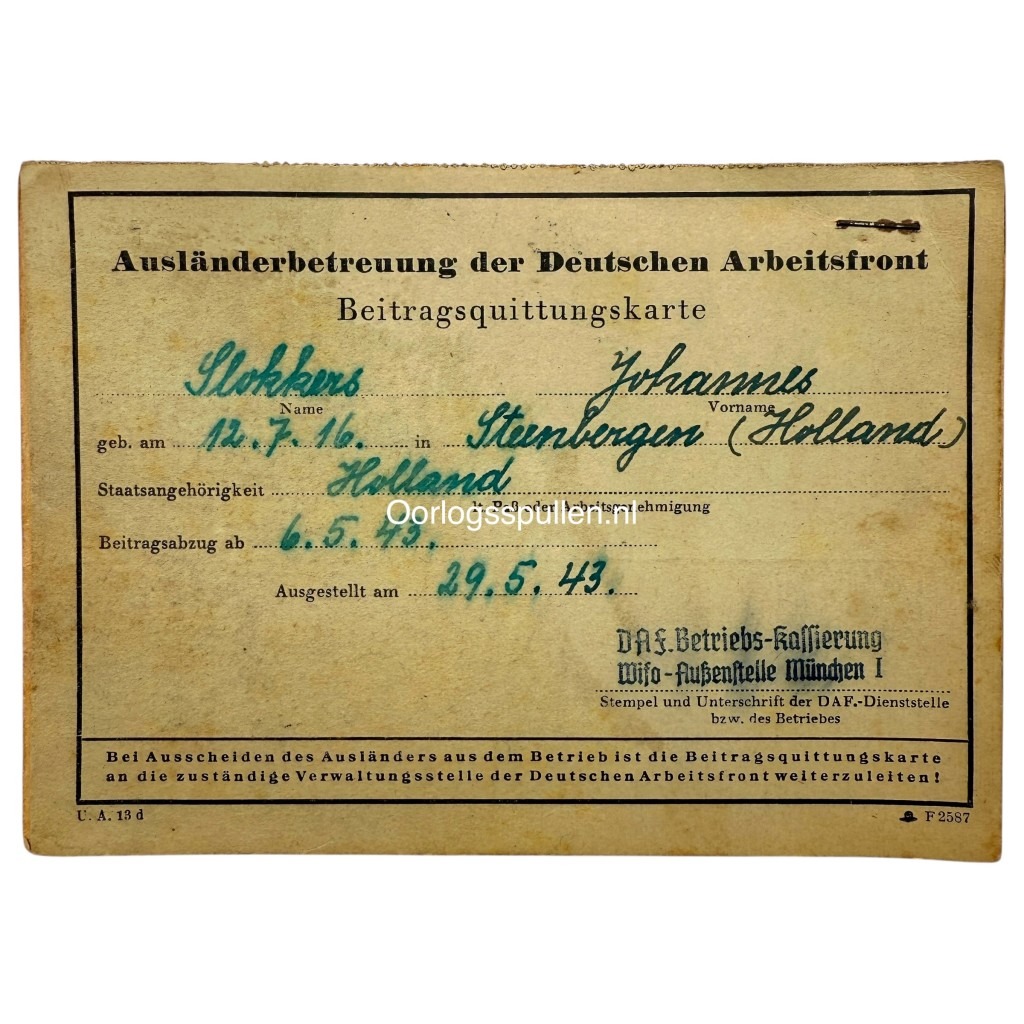 Original WWII German D.A.F. support abroad card - Dutch member from Steenbergen in 1943