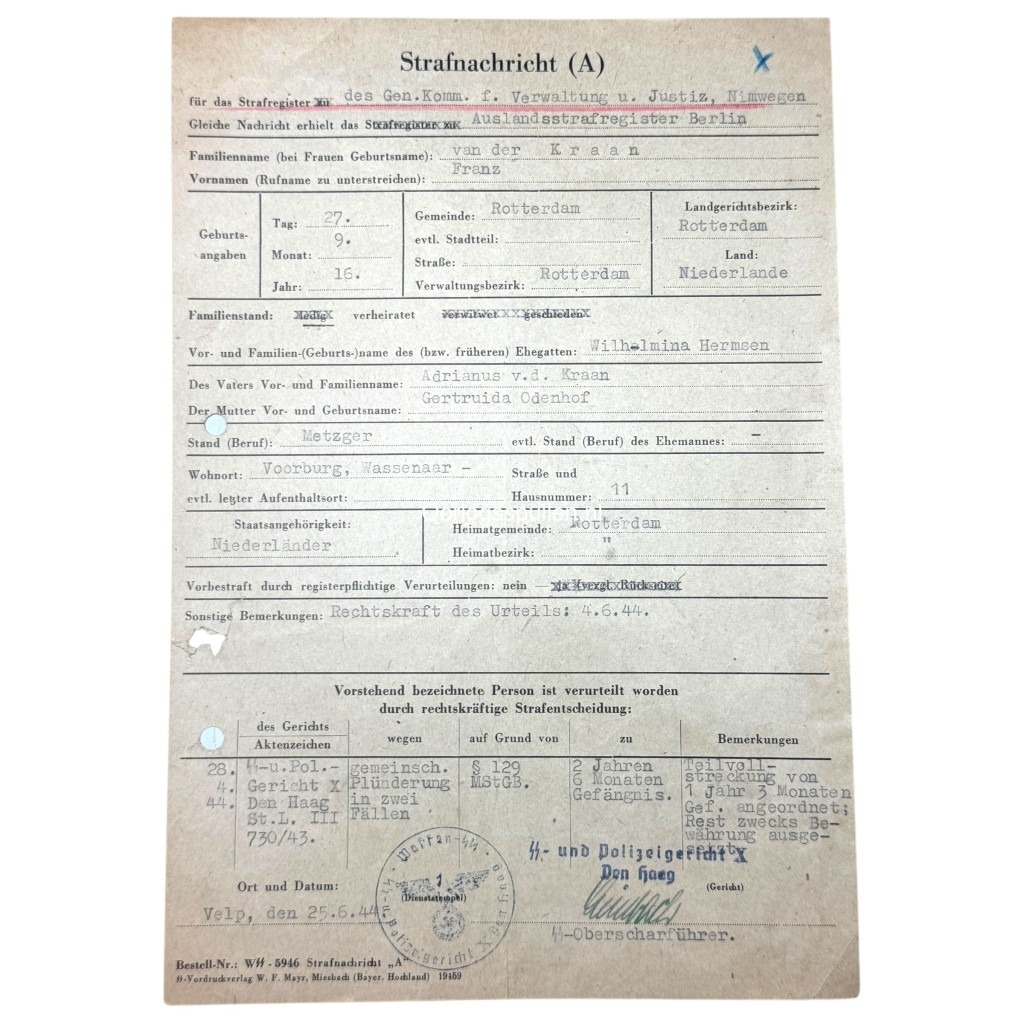 Original WWII Dutch Waffen-SS volunteer punishment document Voorburg/Rotterdam