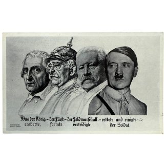 Original historische Postkarte aus der Zeit des Dritten Reiches mit Darstellung von Friedrich dem Großen, Otto von Bismarck, Paul von Hindenburg und Adolf Hitler. Seltenes Sammlerstück für Militaria- und Zweiter Weltkrieg-Sammler.