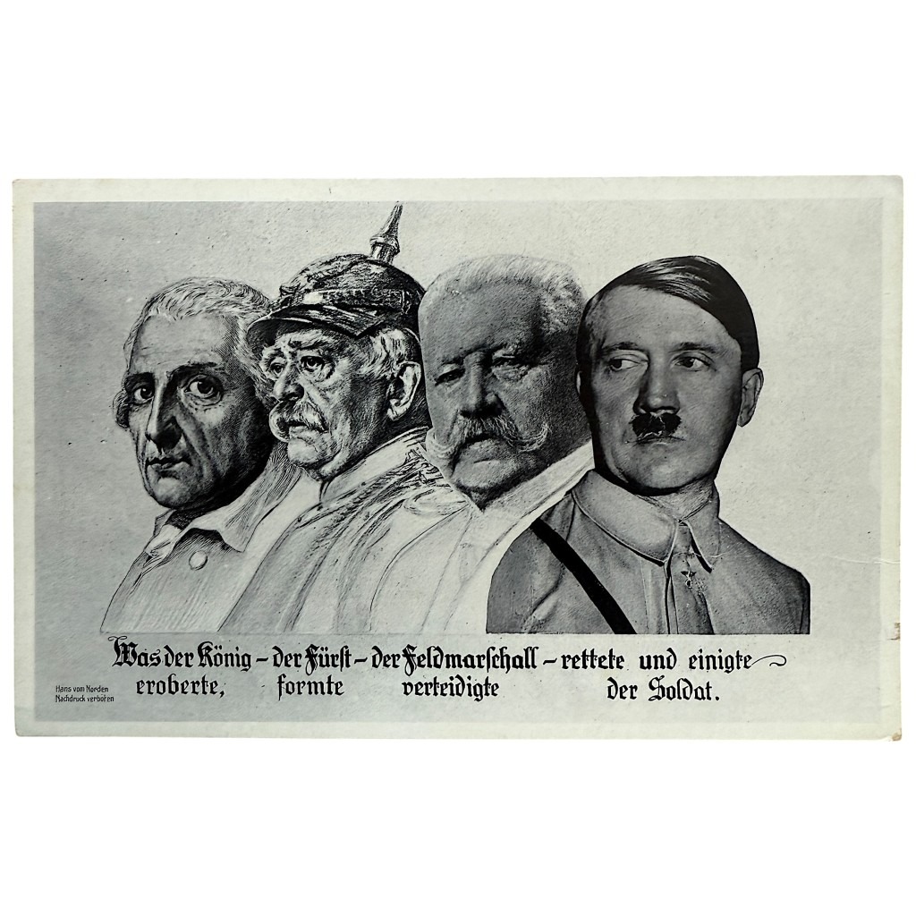 Original historische Postkarte aus der Zeit des Dritten Reiches mit Darstellung von Friedrich dem Großen, Otto von Bismarck, Paul von Hindenburg und Adolf Hitler. Seltenes Sammlerstück für Militaria- und Zweiter Weltkrieg-Sammler.