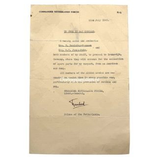 Originele brief uit 1945, ondertekend door Prins Bernhard der Nederlanden als Bevelhebber der Nederlandse Strijdkrachten, WOII-document met autorisatie voor missie naar Braunschweig, zeldzaam Koninklijk Huis en militair verzamelobject.