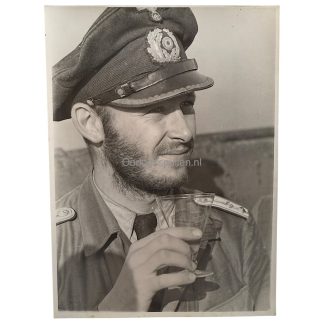 Original WWII German Kriegsmarine portrait photo of officer in uniform with cap and glass, Agfa-Brovira paper, rare authentic World War 2 photo collectible for Kriegsmarine collectors.