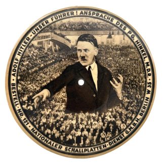 Original 1930s German propaganda picture disc – Adolf Hitler speech recording – Nationaler Schallplatten-Dienst Berlin W35, order no. 121. Rare Third Reich collectible vinyl/militaria record highly sought after by WWII collectors.