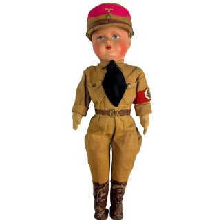 Rare original 1930s German SA porcelain toy doll, 35 cm tall, with painted face, SA brown uniform, swastika armband, leather boots, and peaked cap with eagle insignia – authentic WWII-era militaria collectible for NSDAP and Third Reich toy collectors.