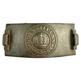 Original WWI German Imperial Army telegrapher belt buckle in steel, front view with “Gott Mit Uns” crown design and laurel wreath.