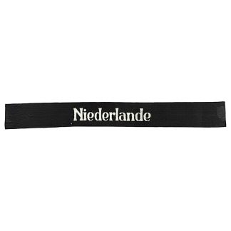 Original WWII Dutch BDM "Niederlande" cuff title, black fabric band with white embroidered lettering.