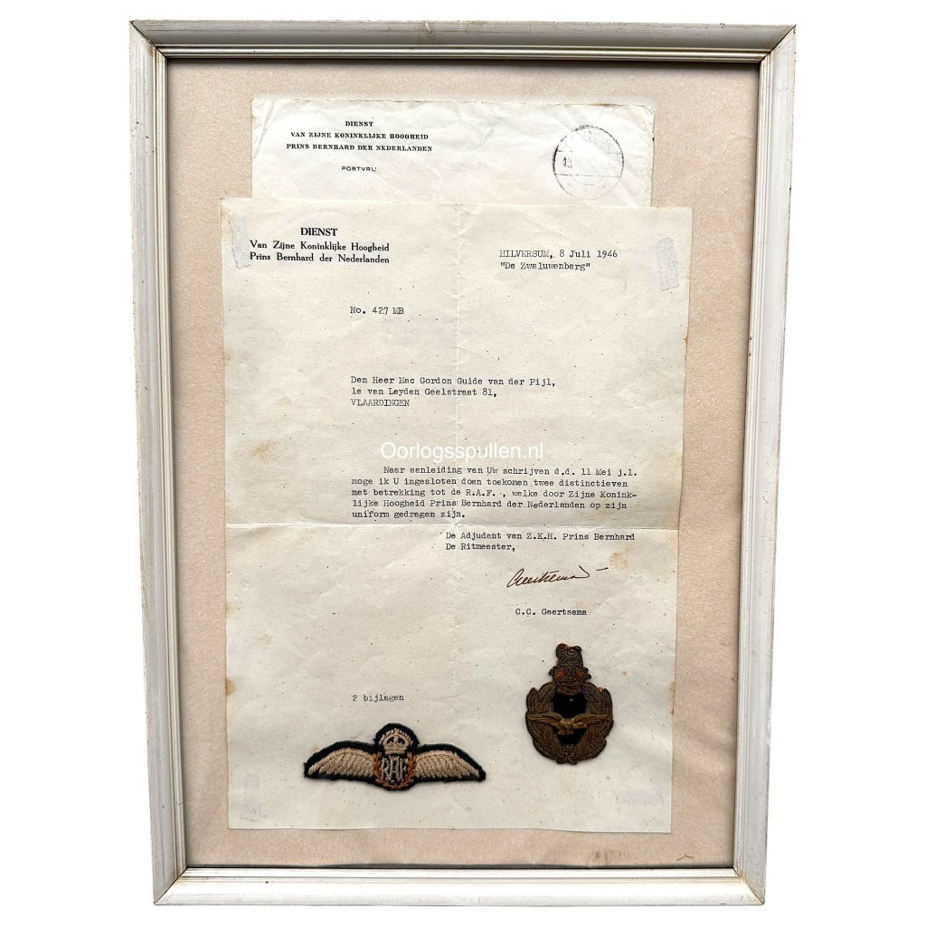 Original WWII Dutch Prins Bernhard RAF insignia with letter from his adjutant