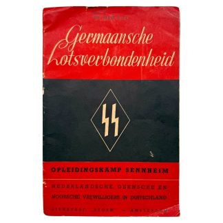 Original WWII Dutch SS propaganda brochure “Germaansche Lotsverbondenheid” (The Road to Germanic Destiny), published in 1941 by Uitgeverij Storm, Amsterdam. Rare Waffen-SS foreign volunteer item focusing on the training camp Sennheim in Alsace for Dutch, Danish, and Norwegian recruits. Illustrated with photos of daily life, military training, medical care, and SS volunteers. Highly collectible World War II militaria for Waffen-SS and collaborationist foreign volunteer collectors.