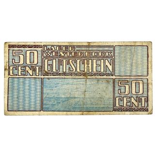 Origineel WWII Nederlands Westerbork kampgeld 50 cent bankbiljet 1944 – zeldzaam Durchgangslager Westerbork papiergeld, authentiek Tweede Wereldoorlog militaria verzamelobject.