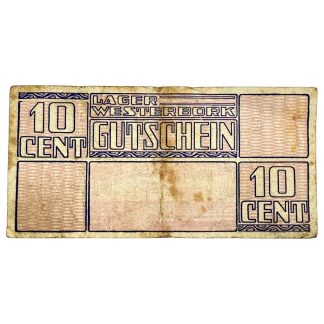 Origineel WWII Nederlands Westerbork kampgeld 10 cent bankbiljet 1944 – zeldzaam Durchgangslager Westerbork papiergeld, authentiek Tweede Wereldoorlog militaria verzamelobject.