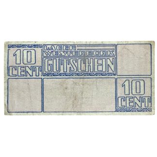 Original WWII Dutch Westerbork camp banknote, 10 cent Gutschein, issued in the Nazi transit camp (Durchgangslager Westerbork) during the German occupation of the Netherlands. Rare Holocaust and World War II camp currency collectible.