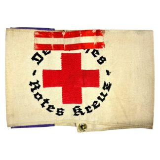 Original WWII German Red Cross (DRK) Austrian priest armband with embroidered cross, text Deutsches Rotes Kreuz, Austrian ribbon and purple band – rare WW2 clergy Red Cross insignia.