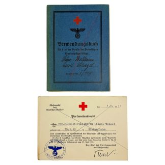 Original WWII German Red Cross DRK Verwendungsbuch and Personalausweis of nurse helper Liesel Wenzel, dated 1941 Augsburg, with Wehrmacht eagle stamps and signatures – rare DRK militaria document set for collectors.