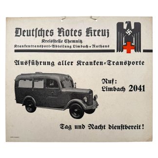Originales DRK-Kartonschild aus dem Zweiten Weltkrieg, Deutsches Rotes Kreuz Chemnitz, Limbach Krankentransport-Abteilung, mit Abbildung eines Krankenwagens und historischer Beschriftung.