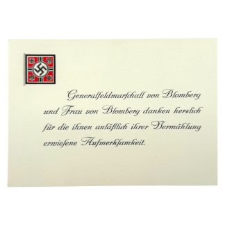 Original WWII German Generalfeldmarschall Werner von Blomberg wedding thank-you card, featuring printed text and emblem, collectible item of Third Reich military history.