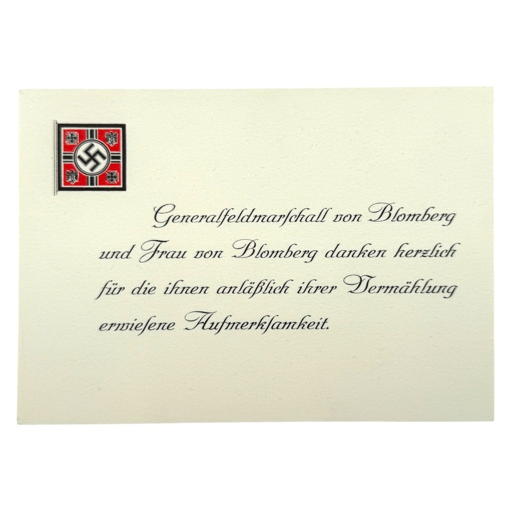 Original WWII German Generalfeldmarschall Werner von Blomberg wedding thank-you card, featuring printed text and emblem, collectible item of Third Reich military history.