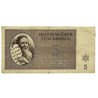 Original WWII Theresienstadt concentration camp ghetto currency – rare 5 Kronen banknote issued for Jewish prisoners, featuring portrait of Moses with the Ten Commandments and Star of David. Historic Holocaust artifact, sought after by World War II collectors, Holocaust memorabilia researchers, and rare banknote enthusiasts.
