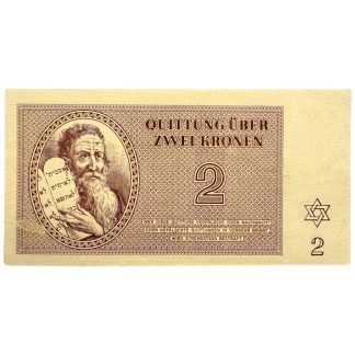 Original WWII German Jewish Ghetto Theresienstadt 2 Kronen banknote – rare Holocaust concentration camp currency, 1943 issue, featuring portrait of Moses with Ten Commandments and Star of David. Historic World War II collectible for banknote and Holocaust memorabilia collectors.