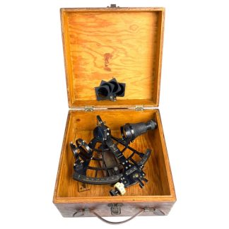 Original WWII German Kriegsmarine sextant by C. Plath Hamburg with engraved eagle and swastika Kriegsmarine "M" mark, serial number 3737, complete with wooden box, sun filters, and leather handle – rare World War II naval navigation instrument for Kriegsmarine militaria collectors.