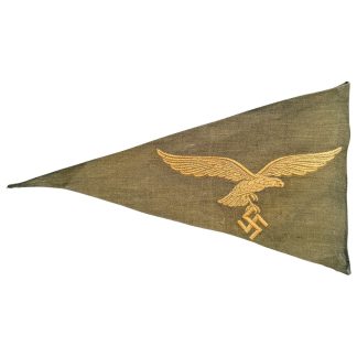 Original WWII German Luftwaffe officer’s car pennant flag in field-grey cloth with embroidered eagle and swastika emblem, rare WW2 Luftwaffe vehicle flag for militaria collectors.
