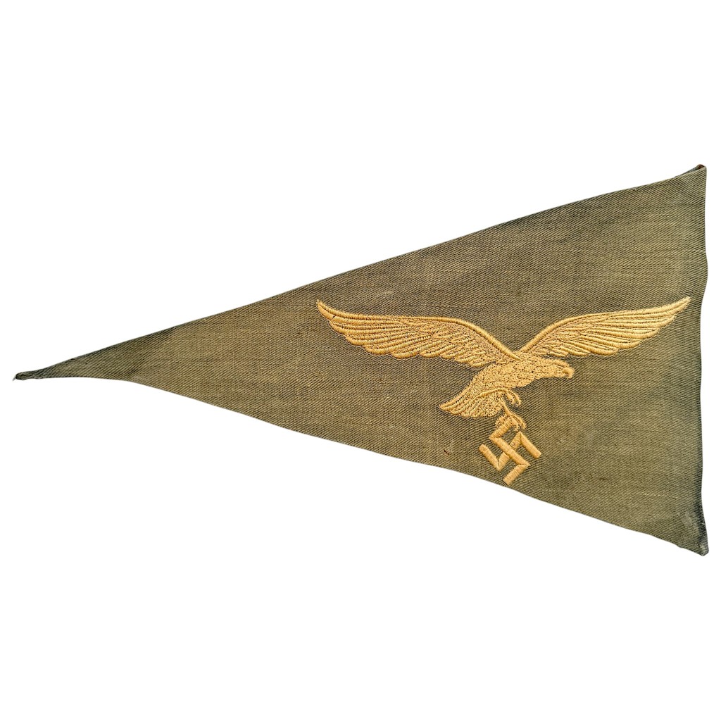Original WWII German Luftwaffe officer’s car pennant flag in field-grey cloth with embroidered eagle and swastika emblem, rare WW2 Luftwaffe vehicle flag for militaria collectors.