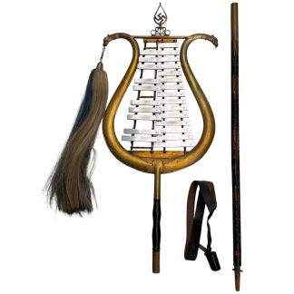 Rare WWII German Lyra Glockenspiel with brass lyre frame, tuned metal bars, detachable wooden pole, and original leather strap. Features black-lacquered swastika finial and one surviving horsehair tassel. Complete period example, highly desirable for collectors.
