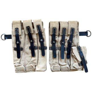 Original WWII German MP38 MP40 magazine pouches set CLG 1943 – rare Waffen-SS Wehrmacht equipment, canvas and leather construction with maker mark, authentic WWII German militaria collectible for MP38/MP40 magazine storage.