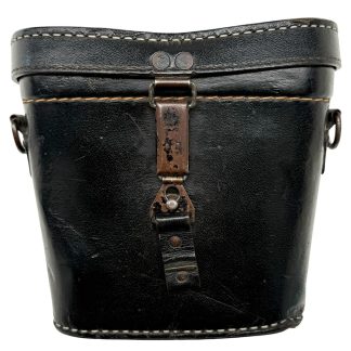 Original WWII German 10x50 Presstoff binocular case, black leather with metal closure and 1943 stamp, Wehrmacht equipment for collectors.