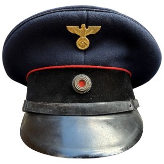 Original WWII German Reichsbahn visor cap with eagle and swastika insignia, Deutsche Reichsbahn uniform hat for WWII militaria and railway collectors.
