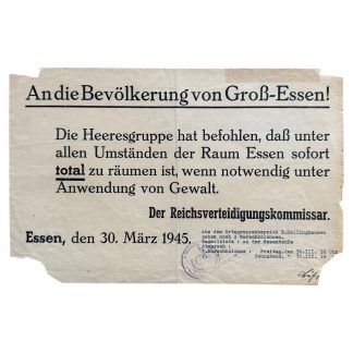 Original WWII German Reichsverteidigungskommissar poster Essen march 1945