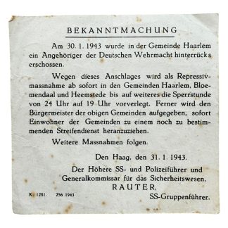 Zwart-wit flyer uit 1943 met Duitse tekst, een officiële bekendmaking uitgegeven in Den Haag door de Duitse bezettingsautoriteiten tijdens de Tweede Wereldoorlog.