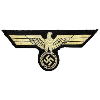 Original WWII German Wehrmacht Heer M36 Panzer breast eagle cloth insignia – black uniform eagle patch with silver-grey thread, used on early war Panzer uniforms. Authentic World War II German Army (WH) tunic eagle for militaria collectors of cloth patches and insignia.