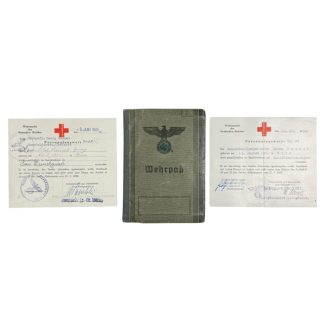 Original WWII German Wehrmacht medic set – Wehrpass and documents of Sanitäts-Obergefreiter Georg Keimel from Vienna, including Red Cross ID papers, military career records, Eastern Front service, field hospital stamps and promotions – rare collectible for WWII Wehrmacht medical history and militaria collectors.
