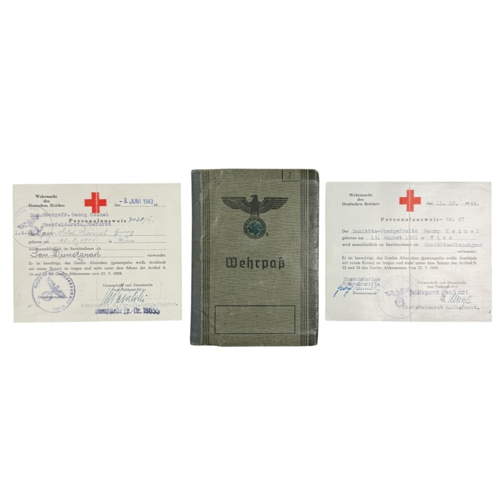 Original WWII German Wehrmacht medic set – Wehrpass and documents of Sanitäts-Obergefreiter Georg Keimel from Vienna, including Red Cross ID papers, military career records, Eastern Front service, field hospital stamps and promotions – rare collectible for WWII Wehrmacht medical history and militaria collectors.