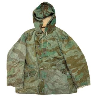Original WWII German Wehrmacht reversible wendejacke in Splittertarn camouflage, rare military winter jacket with field repairs, collectible camouflage uniform for Eastern Front history and militaria collectors.