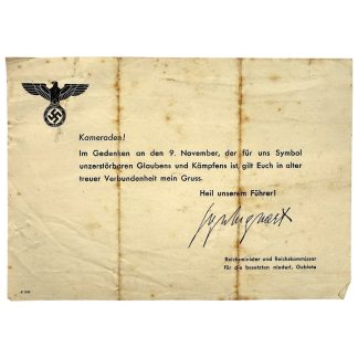 Original WWII German document signed in print by Dr. Arthur Seyss-Inquart, Reichskommissar for the occupied Netherlands, dated November 9 remembrance, featuring Nazi eagle and swastika emblem, rare Third Reich paper collectible for Seyss-Inquart and World War II militaria collectors.