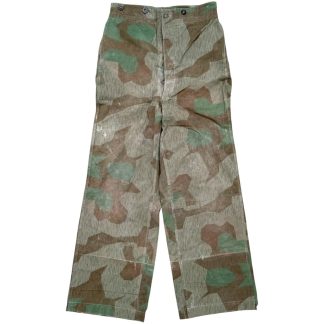 Original WWII German Wehrmacht Splittertarn camouflage trousers – rare field-made zeltbahn fabric pants with raindrop pattern, used by Wehrmacht and Waffen-SS soldiers, authentic WWII camouflage collectible for militaria enthusiasts.