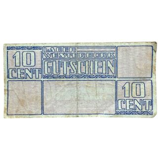 Original WWII Dutch Westerbork camp banknote, 10 cent Gutschein, issued in the Nazi transit camp (Durchgangslager Westerbork) during the German occupation of the Netherlands. Rare Holocaust and World War II camp currency collectible.