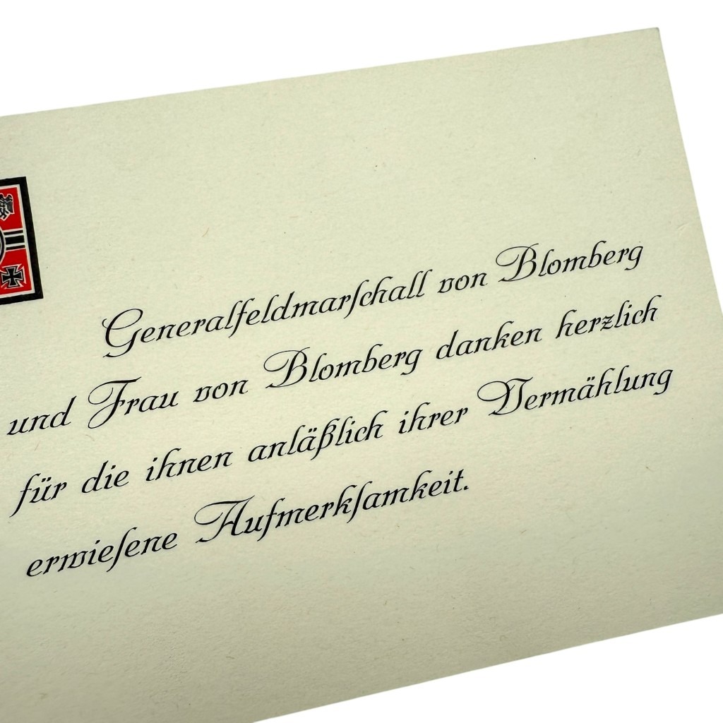 Original WWII German Generalfeldmarschall Werner von Blomberg Wedding Thank-You Card