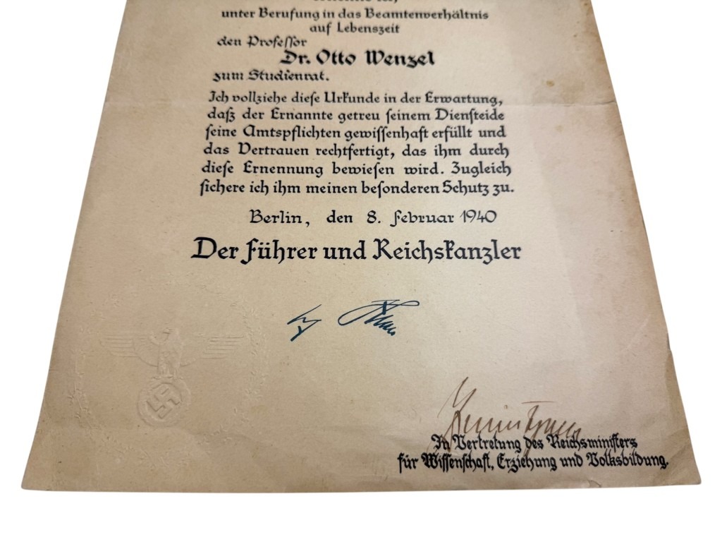 Original WWII German Appointment Certificate of Professor Dr. Otto Wenzel in Berlin 1940 - Image 3