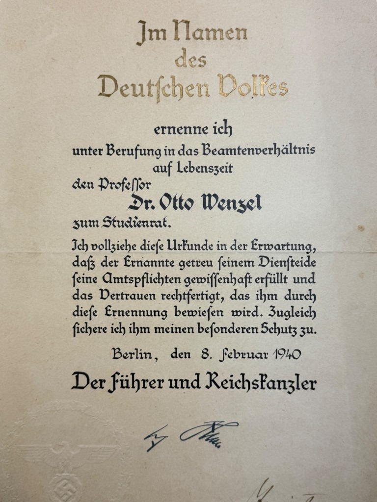 Original WWII German Appointment Certificate of Professor Dr. Otto Wenzel in Berlin 1940 - Image 6