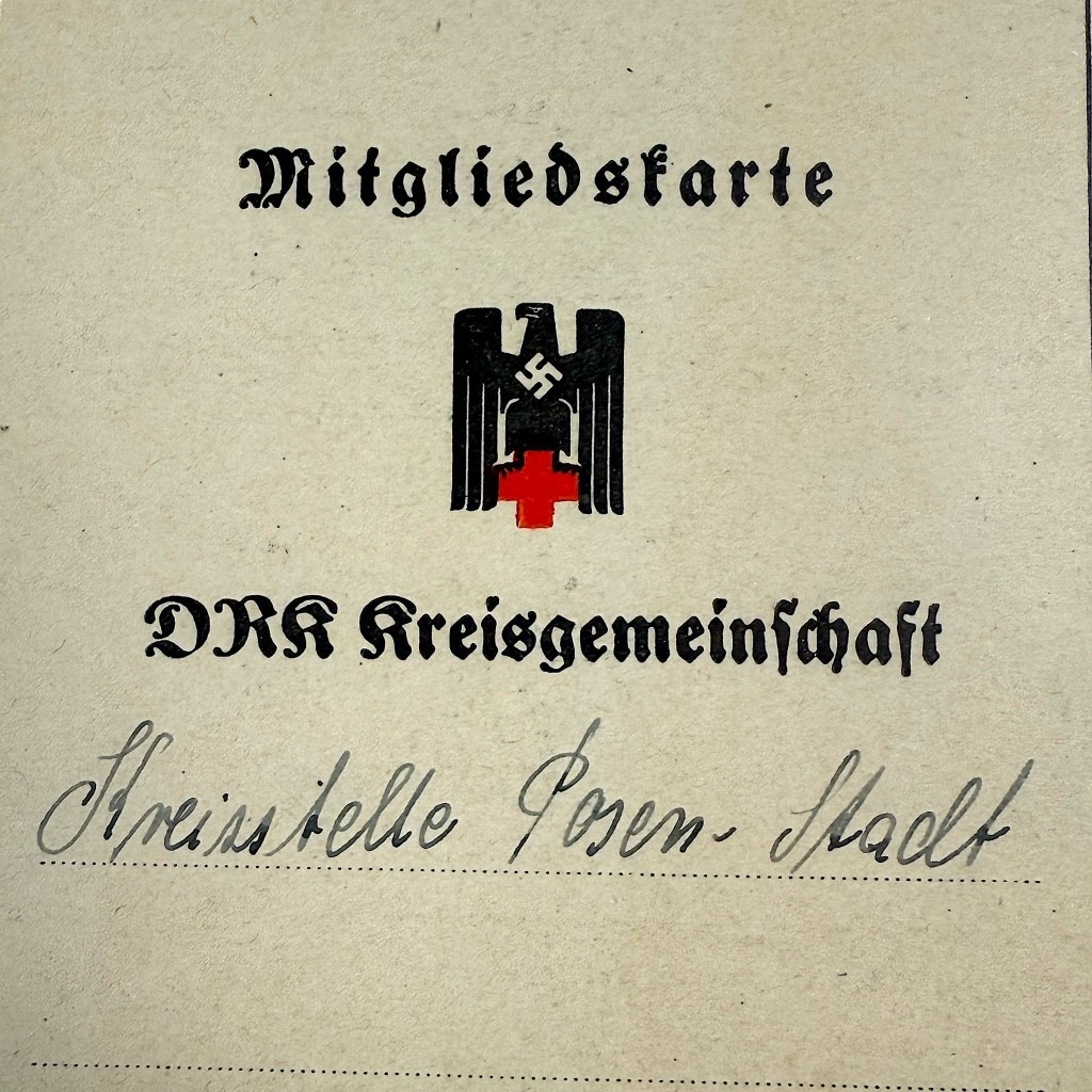 Oryginalna karta członkowska DRK (Deutsches Rotes Kreuz) z okresu II wojny światowej, Kreisgemeinschaft Posen-Stadt, Niemiecki Czerwony Krzyż, dokument historyczny z 1940 roku, kolekcja militariów, artefakt III Rzeszy.
