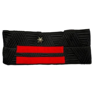 Original WWII Dutch NSB armband, made of black fabric with decorative stitching, featuring two horizontal red stripes and a metal star indicating rank.