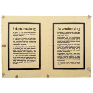 Originele Duitse bekendmaking uit november 1944, uitgegeven door de SS en politie in Rotterdam en Delft. Meldt executies van verzetsleden.