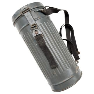 Original WWII German Luftwaffe gas mask canister – 1939 dated, ribbed metal construction with grey-blue Luftwaffe finish and original carrying straps. Perfect piece for WWII militaria and Luftwaffe collectors.