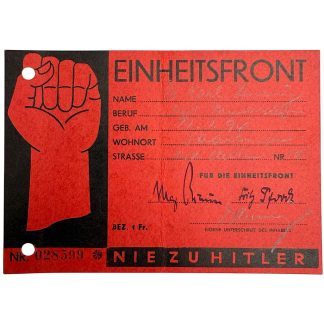 Original 1930s Einheitsfront Ausweis membership card – rare German socialist and communist anti-Nazi document featuring red design, raised fist symbol, “Nie zu Hitler” slogan, and “Der Schwur von Sulzbach” oath; authentic antifascist collectible from pre-WWII Germany.