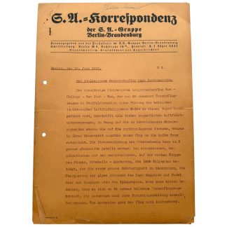 Authentic 1933 SA Group Berlin-Brandenburg correspondence – typewritten internal communication, early SA collectible document.