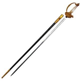 Original 19th-century Italian diplomat’s sword – gilded ceremonial sword with mother-of-pearl grip, etched steel blade, and leather scabbard with gilt fittings, a stunning example of Italian neoclassical craftsmanship.